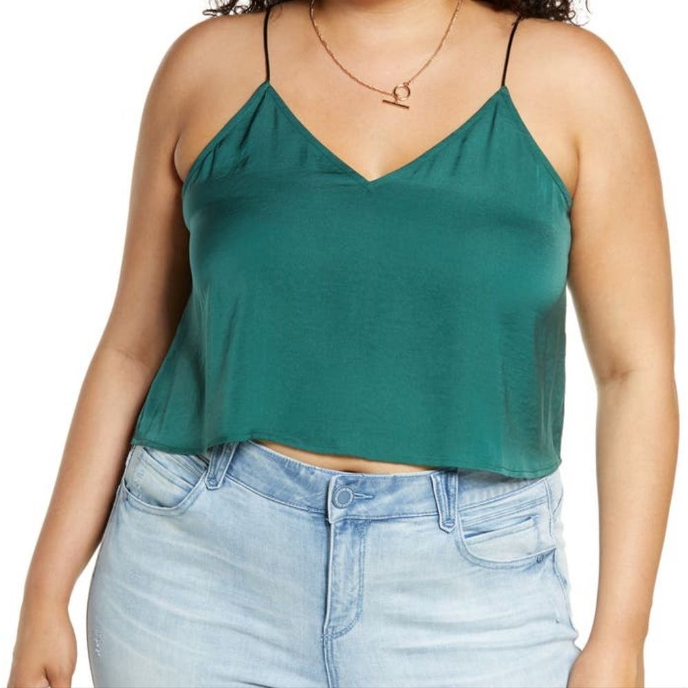 NWT 1X Green Satin Cropped Cami Tank Top